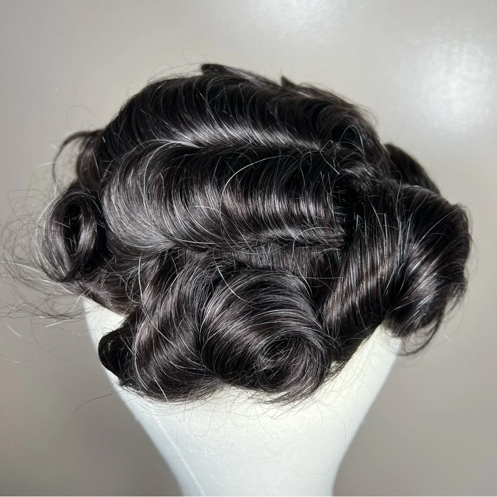 Dark Brown with Gray Human Hair Wavy 8x10 Inch Toupee Hair System